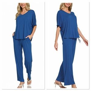 🩵Hello Comfort! Zenana V-neck Oversized Top & Pants Set - Lt Navy